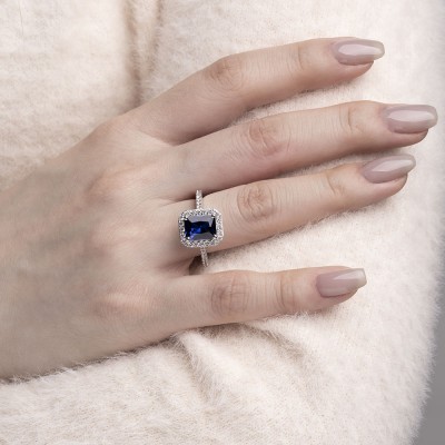 Radiant Cut Blue Sapphire 925 Sterling Silver Halo Engagement Ring