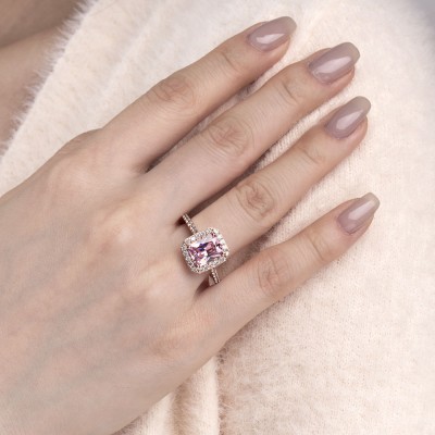 Rose Gold Radiant Cut Pink Sapphire 925 Sterling Silver Halo Engagement Ring