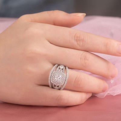 Cushion Cut White Sapphire Sterling Silver Split Shank Enhanced Halo Engagement Ring