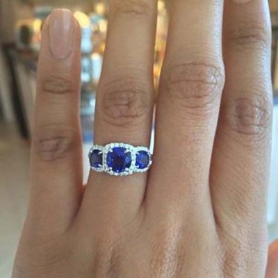 Round Cut Blue Sapphire Sterling Silver 3-Stone Engagement Ring