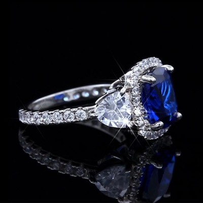 Cushion Cut Blue Sapphire 925 Sterling Silver 3-Stone Trio Engagement Ring