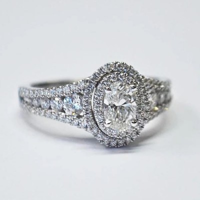 Oval Cut White Sapphire 925 Sterling Silver Double Halo Engagement Ring