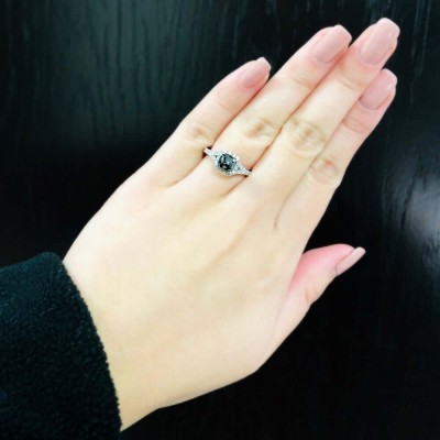 Cushion Cut Black Sapphire Sterling Silver Halo Engagement Ring