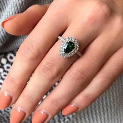 Pear Cut Emerald 925 Sterling Silver Double Halo Engagement Ring