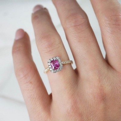 Gold Emerald Cut Pink Sapphire Sterling Silver Halo Engagement Ring