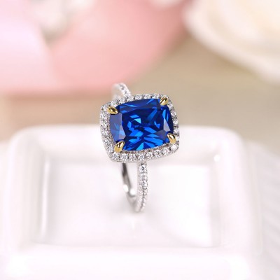 Radiant Cut Blue Sapphire Sterling Silver Double Halo Engagement Ring