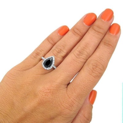 Classic Pear Cut Black Sapphire 925 Sterling Silver Halo Engagement Ring