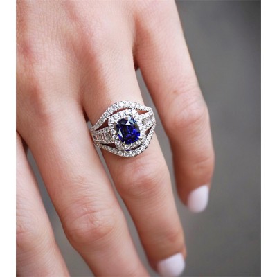 Vintage Cushion Cut Blue Sapphire Serling Silver Halo Engagement Ring