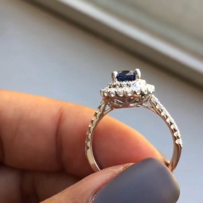 Pear Cut Blue Sapphire Sterling Silver Double Halo Engagement Ring