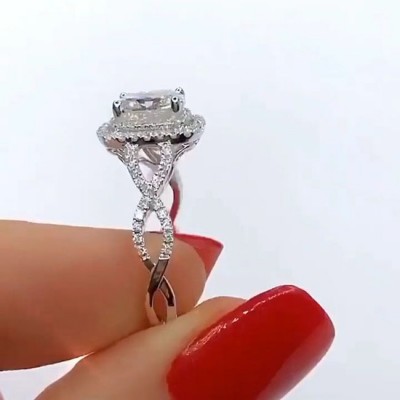 Cushion Cut White Sapphire 925 Sterling Silver Halo Twisted Engagement Ring