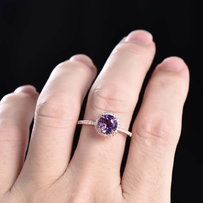 Rose Gold Round Cut Amethyst 925 Sterling Silver Halo Engagement Ring