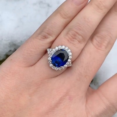 Vintage Oval Cut Blue Sapphire Sterling Silver Halo Engagement Ring