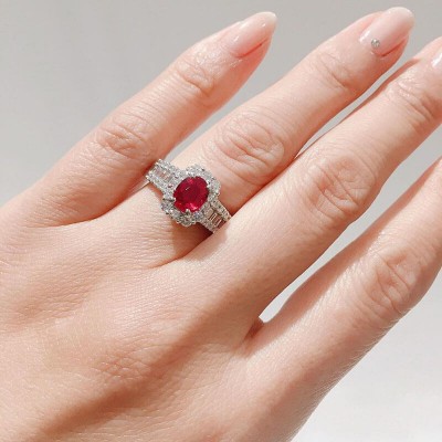 Oval Cut Ruby 925 Sterling Silver Halo Engagement Ring