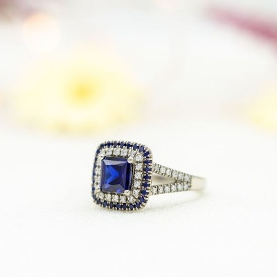 Princess Cut Blue Sapphire Sterling Silver Double Halo Engagement Ring