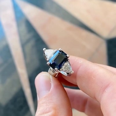 Emerald Cut Blue Sapphire 925 Sterling Silver Three Stone Engagement Ring