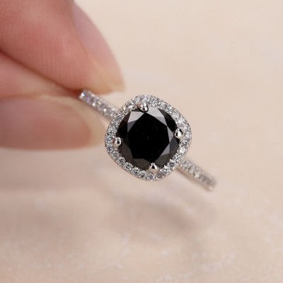 Round Cut Black Sapphire  Sterling Silver Halo Engagement Ring