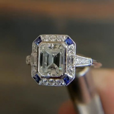 Vintage Emerald Cut White & Blue Sapphire Sterling Silver Halo Engagement Ring