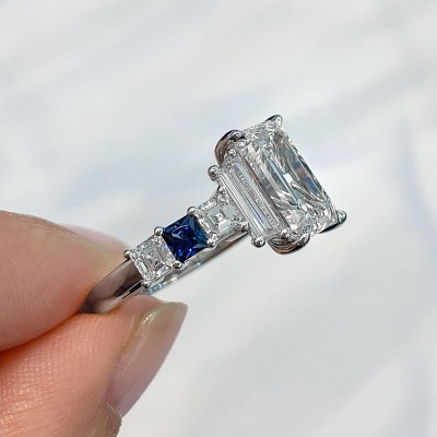 Emerald Cut White Sapphire 925 Sterling Silver 3-Stone Engagement Ring