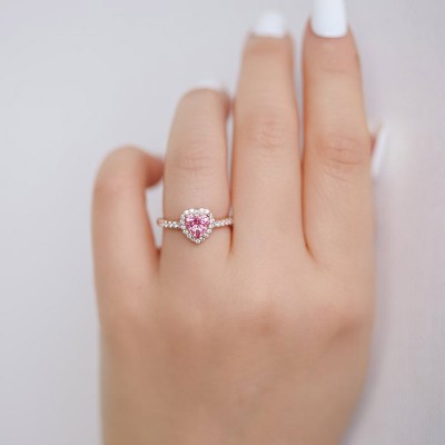 Rose Gold Heart Cut Pink Sapphire 925 Sterling Silver Halo Engagement Ring