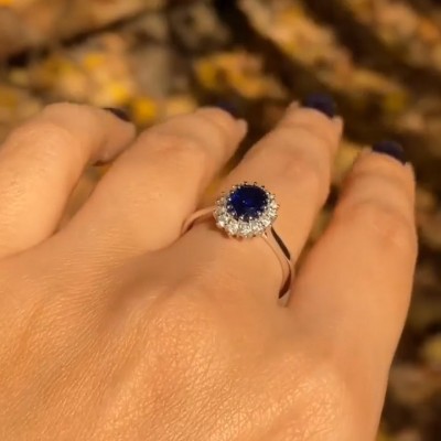 Classic Oval Cut Blue Sapphire Sterling Silver Halo Engagement Ring