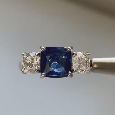 Cushion Cut Blue Sapphire Sterling Silver 3-Stone Engagement Ring