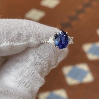 Oval Cut Blue Sapphire Sterling Silver 3-Stone Engagement Ring