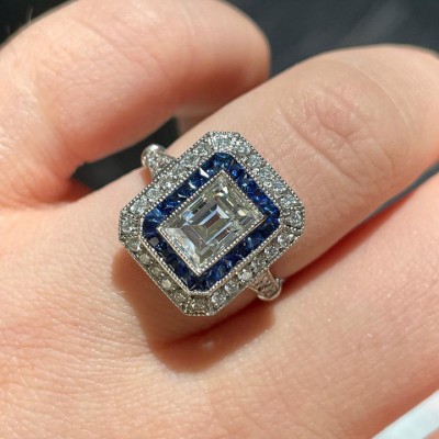 Vintage Emerald Cut White Sapphire Sterling Silver Halo Engagement Ring