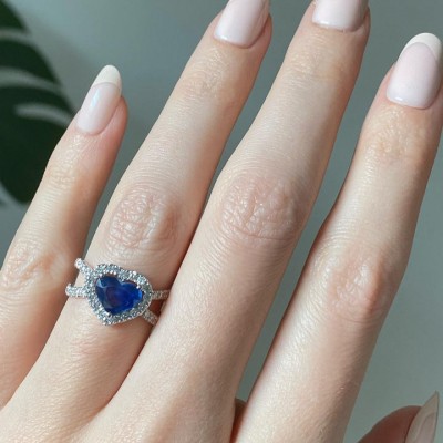 Heart Cut Blue Sapphire Sterling Silver Split Shank Halo Engagement Ring