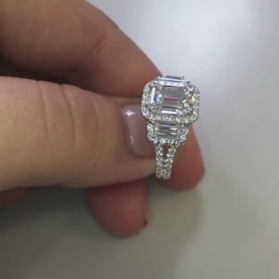 Emerald Cut White Sapphire Sterling Silver 3-Stone Halo Engagement Ring