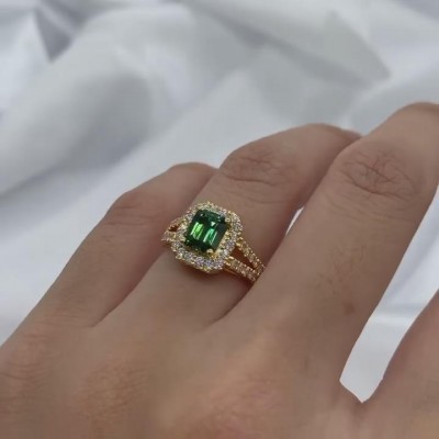 Emerald Cut Emerald Sterling Silver Gold Halo Engagement Ring