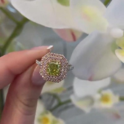 Radiant Cut Peridot Sterling Silver Double Halo Engagement Ring