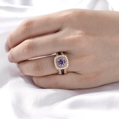 Gold Round Cut Amethyst Sterling Silver Double Halo Engagement Ring
