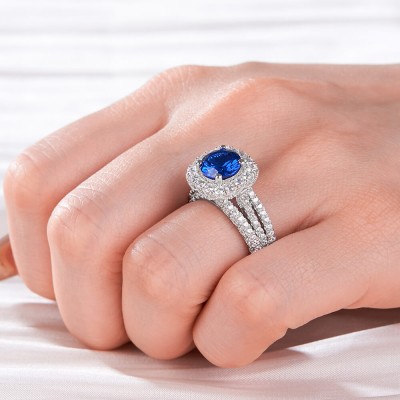 Round Cut Blue Sapphire 925 Sterling Silver Halo Engagement Ring