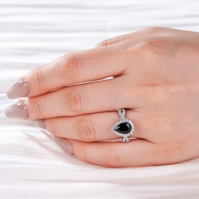 Pear Cut Black Sapphire Sterling Silver Twisted Halo Engagement Ring