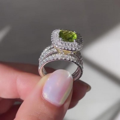 Cushion Cut Peridot 925 Sterling Silver Engagement Ring