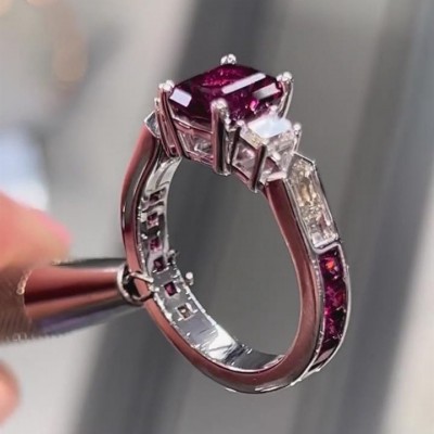 Emerald Cut Ruby 925 Sterling Silver 3-Stone Engagement Ring