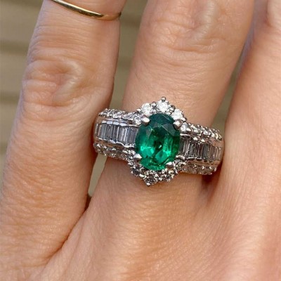 Vintage Oval Cut Emerald Sterling Silver Halo Engagement Ring