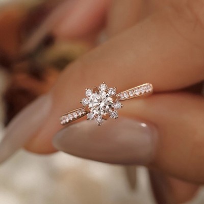 Rose Gold Round Cut White Sapphire Sterling Silver Flower Engagement Ring
