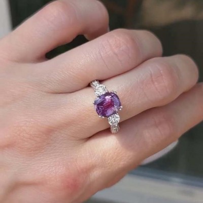 Cushion Cut Amethyst 925 Sterling Silver 3-Stone Engagement Ring