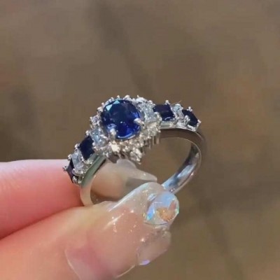 Vintage Oval Cut Blue Sapphire 925 Sterling Silver Halo Engagement Ring