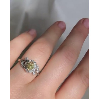 Floral Yellow Gold Round Cut Yellow Topaz 925 Sterling Silver Engagement Ring