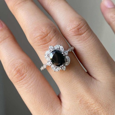 Vintage Oval Cut Black Sapphire 925 Sterling Silver Engagement Ring