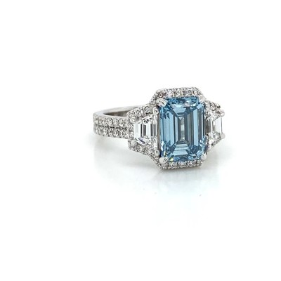 Emerald Cut Aquamarine 925 Sterling Silver 3-Stone Engagement Ring