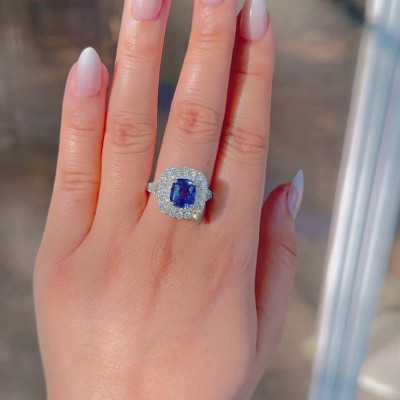 Cushion Cut Blue Sapphire 925 Sterling Silver Halo Engagement Ring
