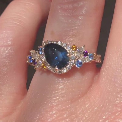 Yellow Gold Pear Cut Blue Sapphire 925 Sterling Silver Halo Engagement Ring