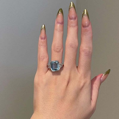 Emerald Cut Aquamarine 925 Sterling Silver Engagement Ring