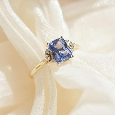 Yellow Gold Radiant Cut Aquamarine 925 Sterling Silver Engagement Ring
