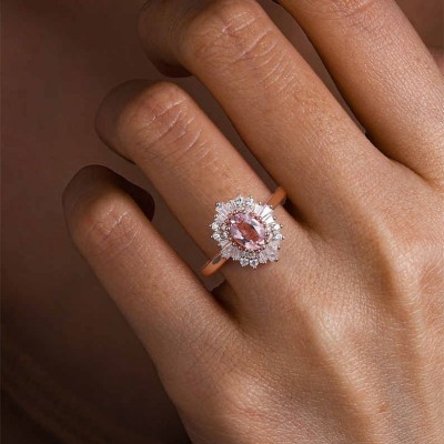 Art Deco Rose Gold Oval Cut Pink Sapphire 925 Sterling Silver Halo Engagement Ring