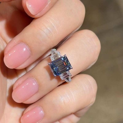 Emerald Cut Blue Sapphire 925 Sterling Silver 3-Stone Engagement Ring