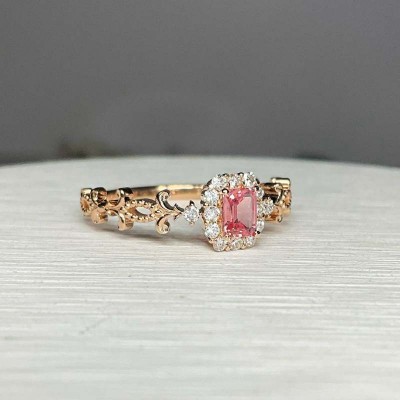 Rose Gold Emerald Cut Pink Sapphire 925 Sterling Silver Vines Halo Engagement Ring